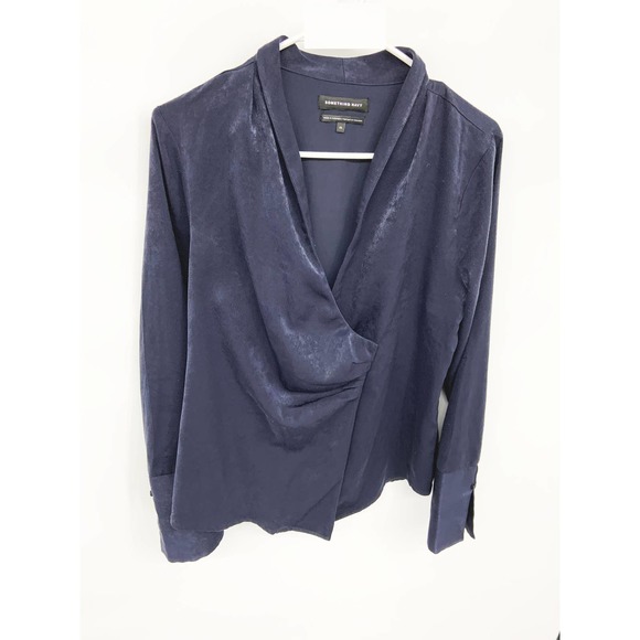 Something Navy Night Blue Draped Front V Neck Long Sleeve Wrap Blouse Size M - Picture 3 of 8